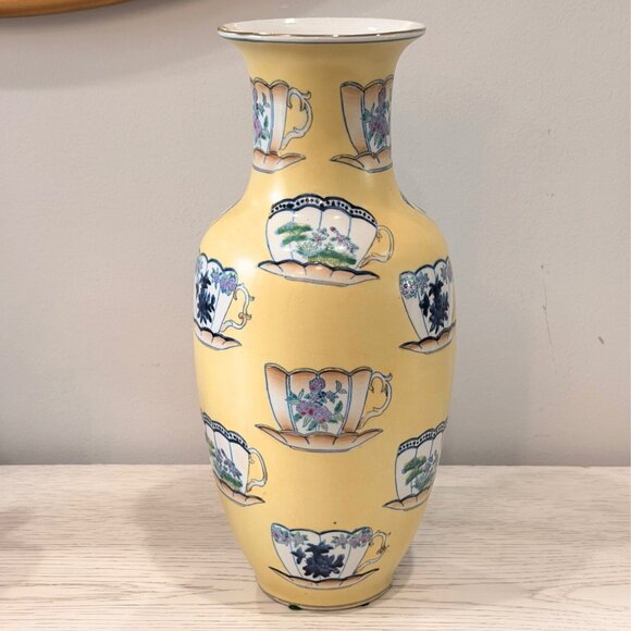 Vintage Large 12.5” HAND PAINTED Teacup Yellow VASE ORIENTAL ACCENTS Chinoiserie - Picture 7 of 11